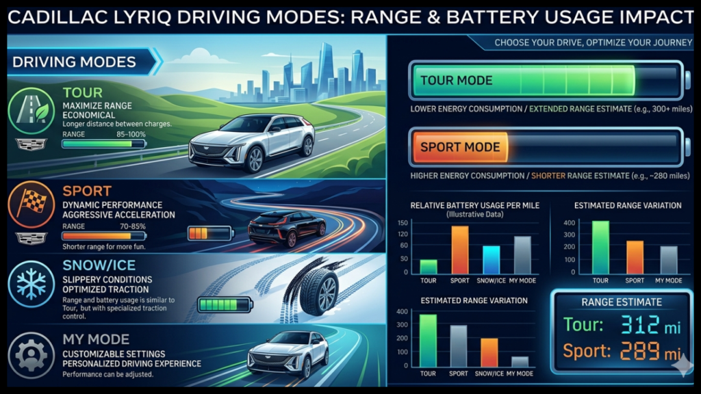 do driving modes in cadillac lyriq offer different ranges or battery usages?
